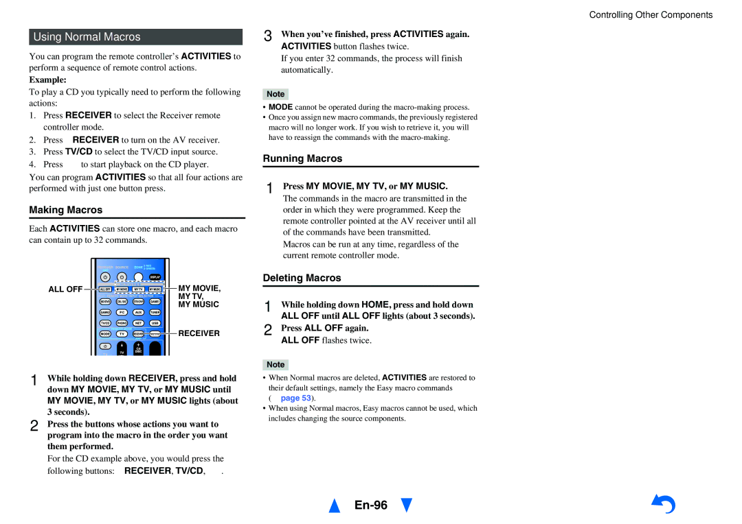 Onkyo TX-NR1010 instruction manual En-96, Using Normal Macros, Making Macros, Running Macros, Deleting Macros 