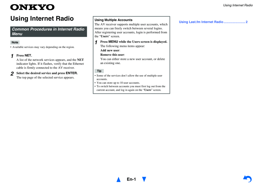 Onkyo TX-NR1010 manual Using Internet Radio, En-1, Common Procedures in Internet Radio Menu, Using Multiple Accounts 