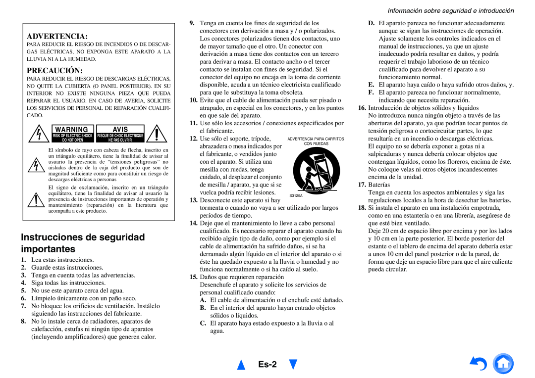 Onkyo TX-NR1010 manual Es-2, Instrucciones de seguridad importantes, Advertencia, Precaución 