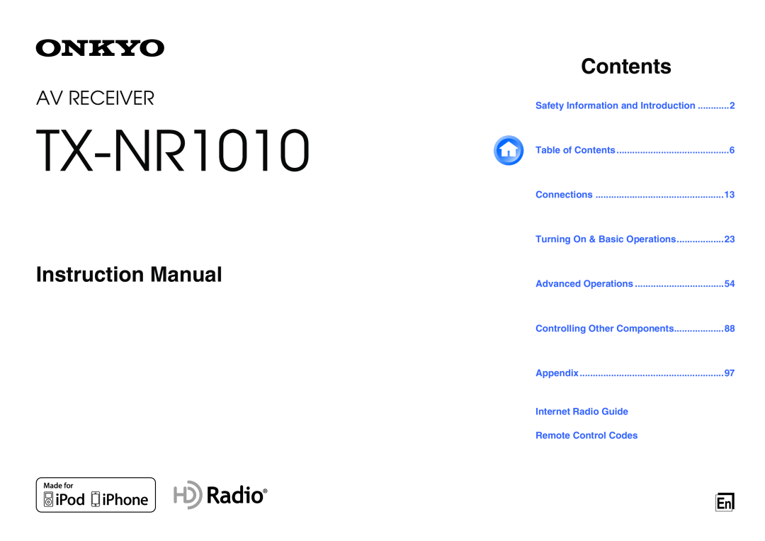 Onkyo TX-NR1010 instruction manual Instruction Manual, Contents, Av Receiver 