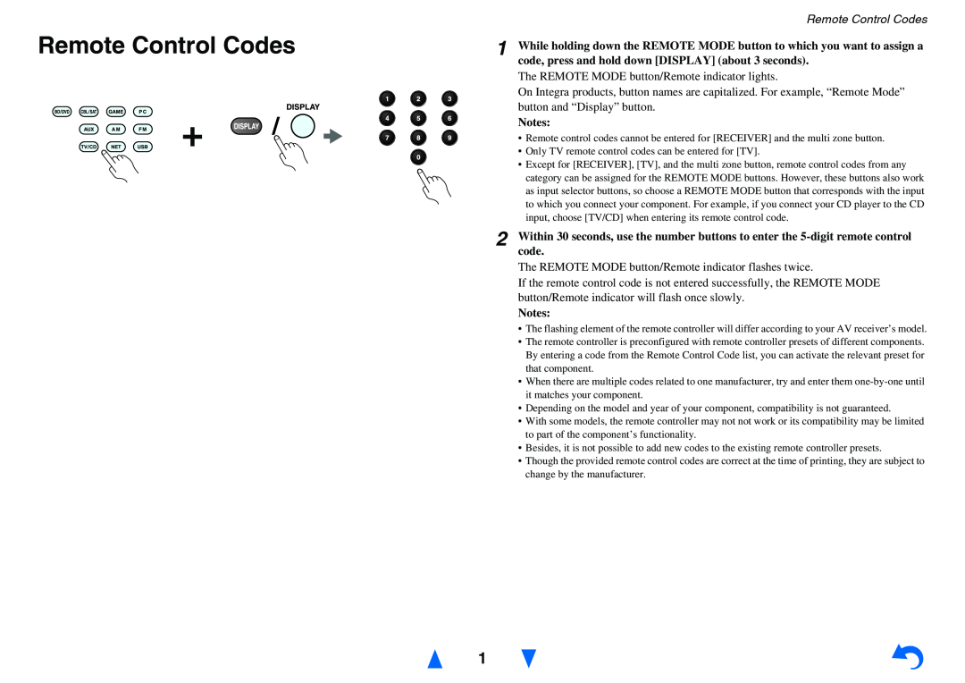 Onkyo TX-NR1010 instruction manual Remote Control Codes, Notes 