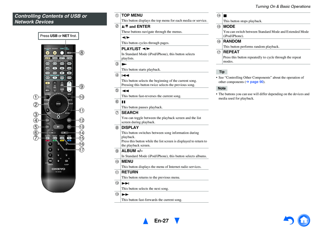 Onkyo TX-NR1010 h i aj b k c dl em fn go p q, En-27, Controlling Contents of USB or Network Devices, aTOP MENU, gSEARCH 