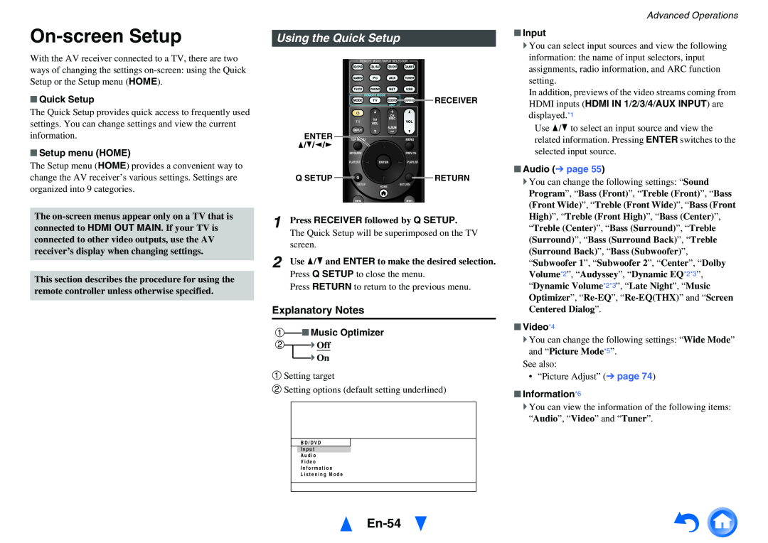 Onkyo TX-NR1010 On-screenSetup, En-54, Using the Quick Setup, Explanatory Notes, Setup menu HOME, a Music Optimizer, Input 