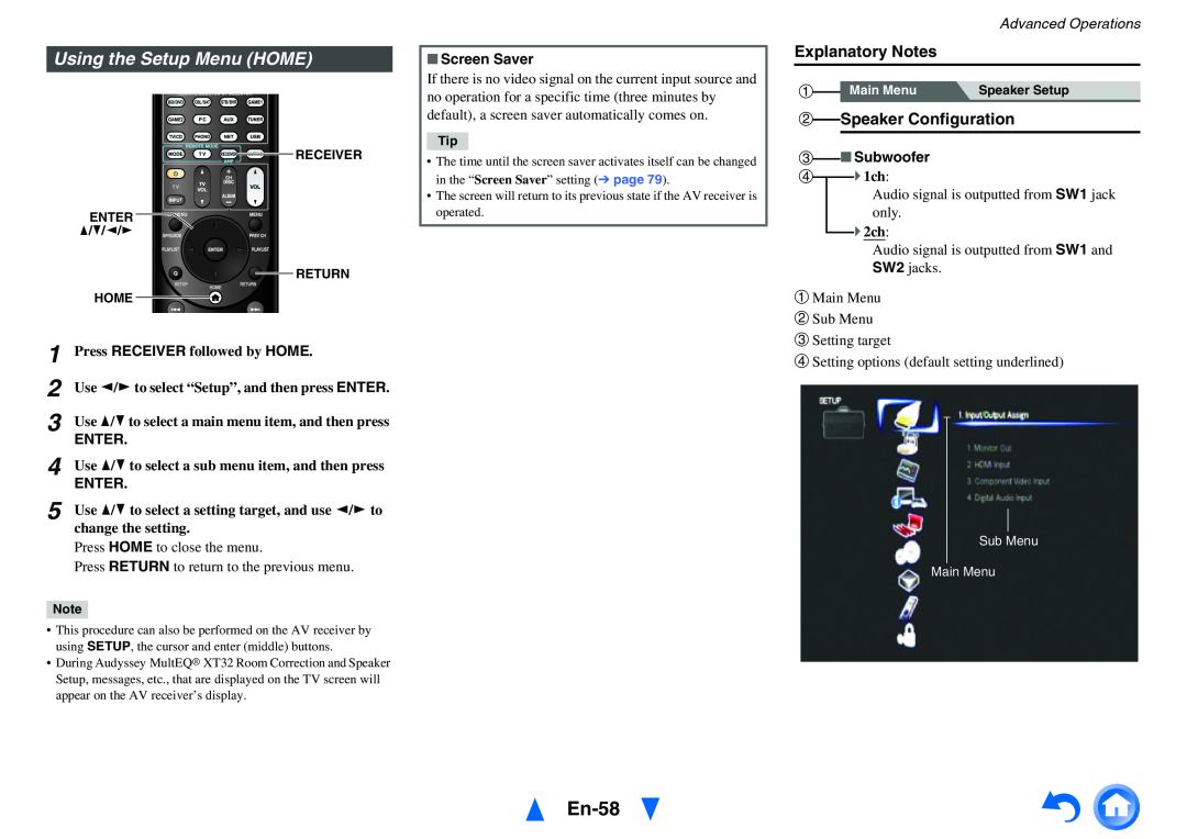 Onkyo TX-NR1010 En-58, bSpeaker Configuration, Explanatory Notes, Screen Saver, Advanced Operations, c Subwoofer 