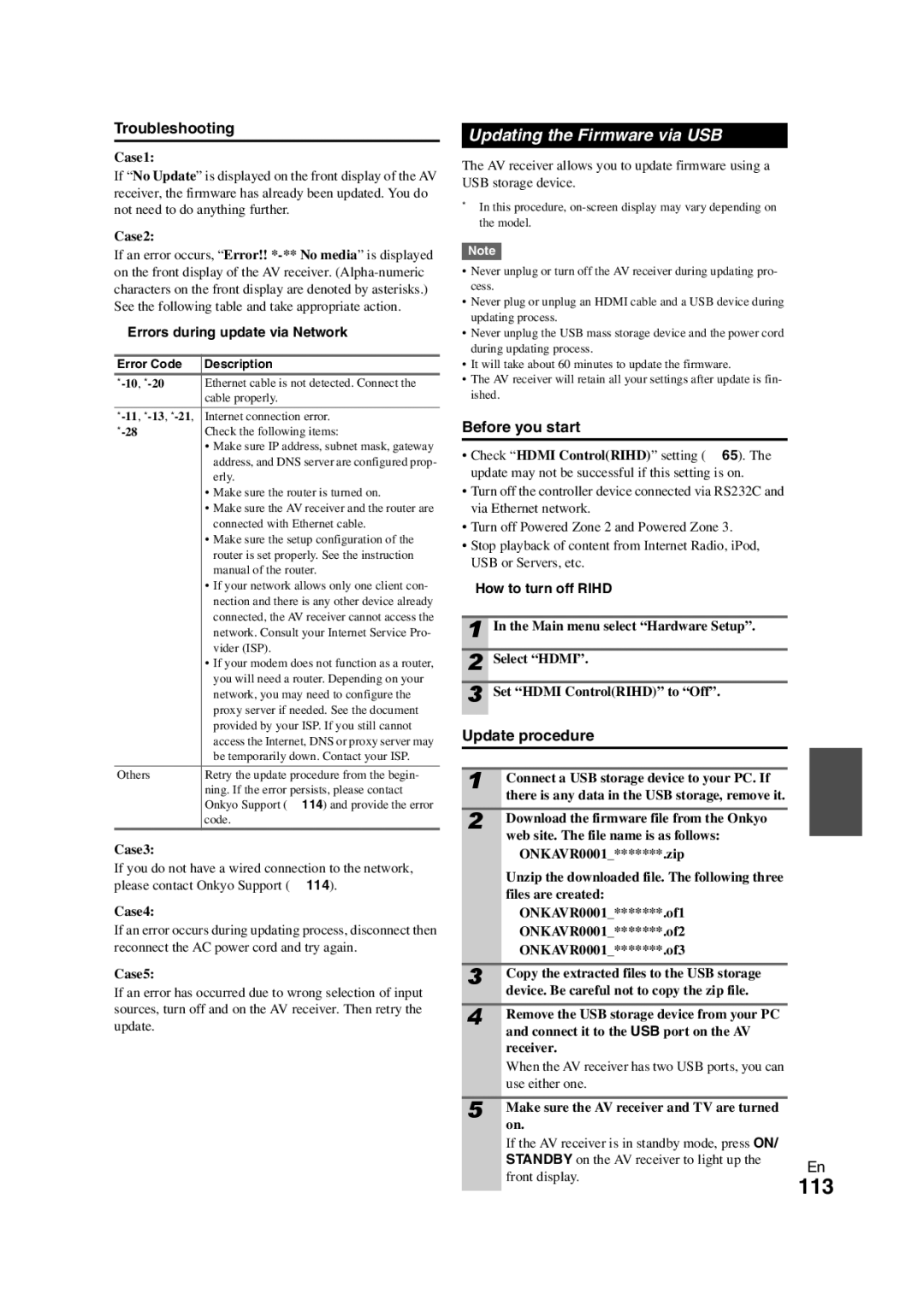 Onkyo TX-NR3008 instruction manual Updating the Firmware via USB, Troubleshooting, Errors during update via Network 