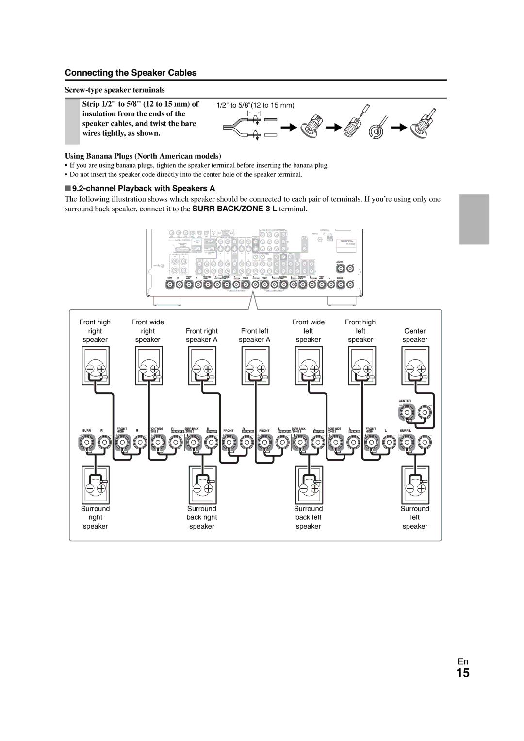 Onkyo TX-NR3008 instruction manual Connecting the Speaker Cables, Screw-type speaker terminals Strip 1/2 to 5/8 12 to 15 mm 