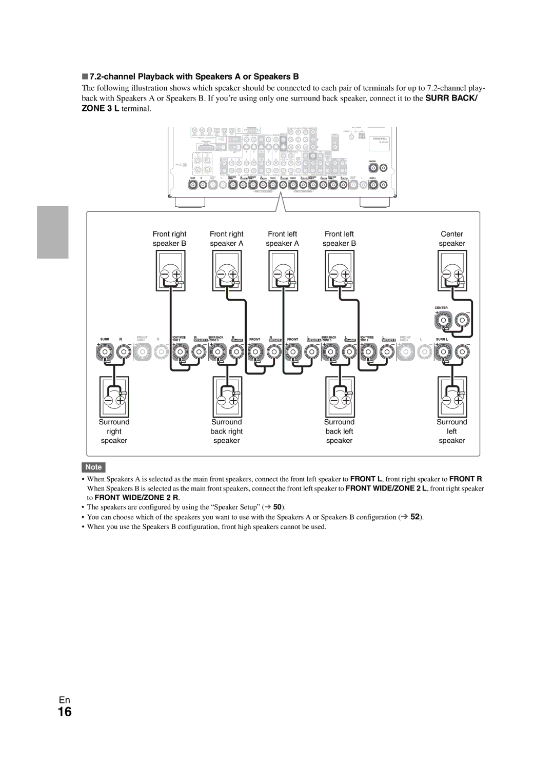 Onkyo TX-NR3008 instruction manual Channel Playback with Speakers a or Speakers B, Center Speaker B 