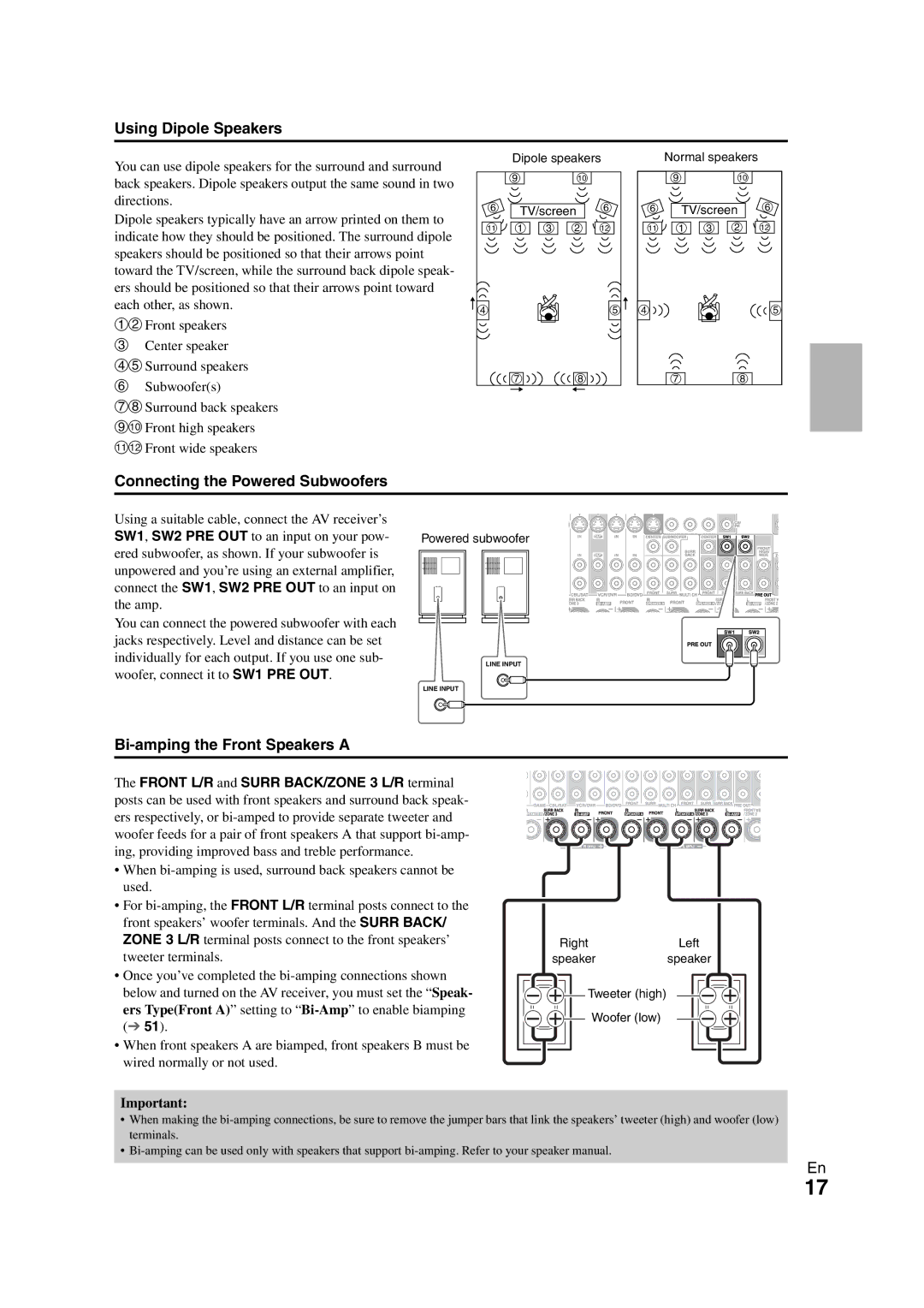 Onkyo TX-NR3008 instruction manual Using Dipole Speakers, Connecting the Powered Subwoofers, Bi-amping the Front Speakers a 