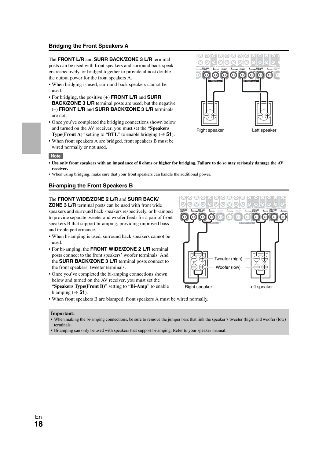 Onkyo TX-NR3008 instruction manual Bridging the Front Speakers a, Bi-amping the Front Speakers B 