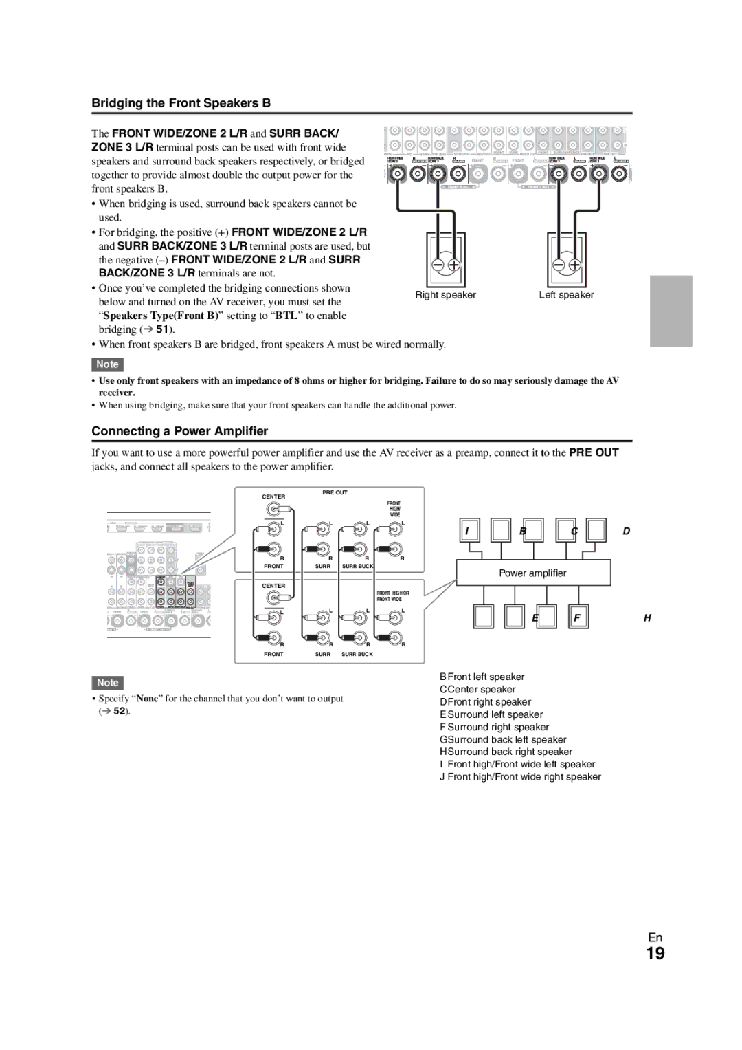 Onkyo TX-NR3008 instruction manual Bridging the Front Speakers B, Connecting a Power Amplifier 