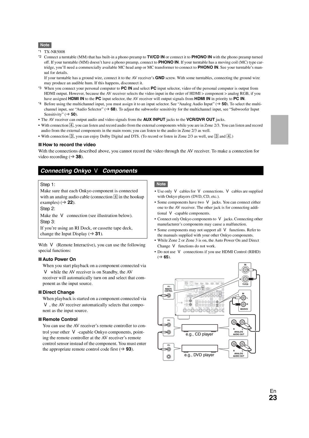 Onkyo TX-NR3008 Connecting Onkyo uComponents, How to record the video, Auto Power On, Direct Change, Remote Control 