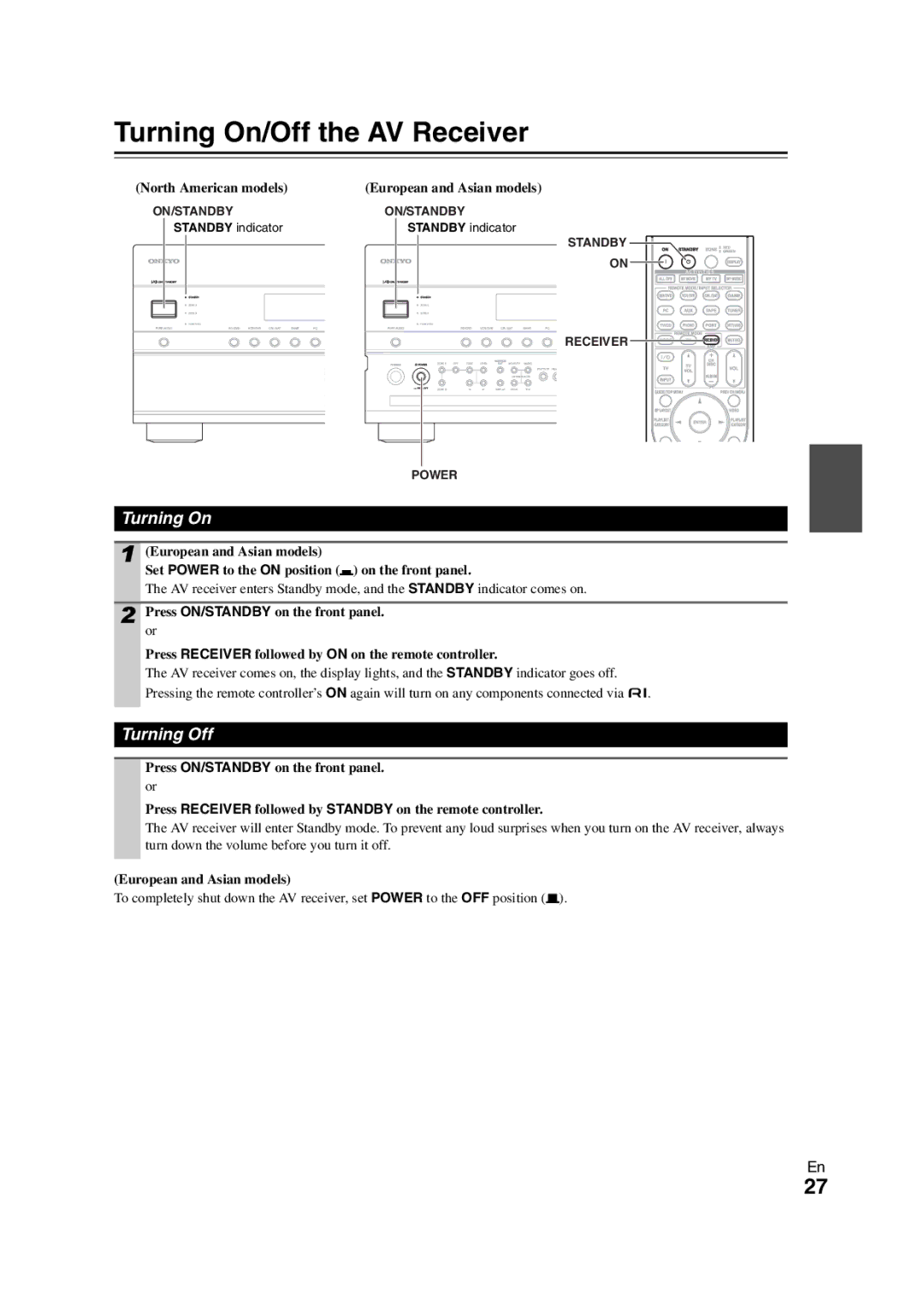 Onkyo TX-NR3008 instruction manual Turning On/Off the AV Receiver, Turning Off, Standby indicator 