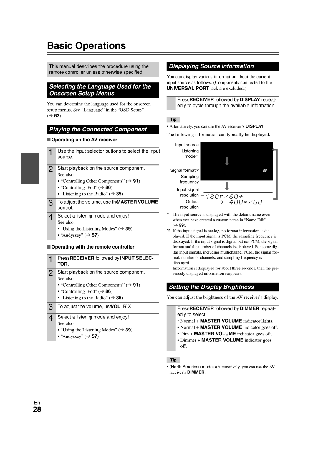 Onkyo TX-NR3008 Basic Operations, Selecting the Language Used for the Onscreen Setup Menus, Displaying Source Information 