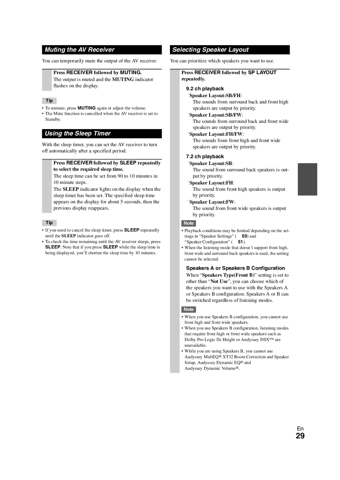 Onkyo TX-NR3008 instruction manual Muting the AV Receiver, Using the Sleep Timer, Selecting Speaker Layout, Ch playback 