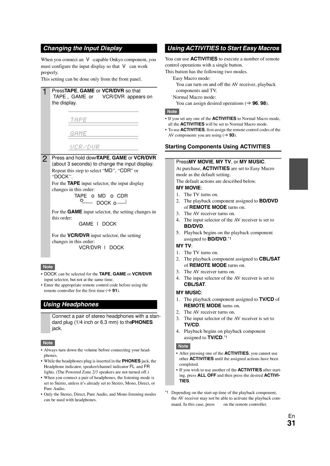 Onkyo TX-NR3008 instruction manual Changing the Input Display, Using Headphones, Using Activities to Start Easy Macros 