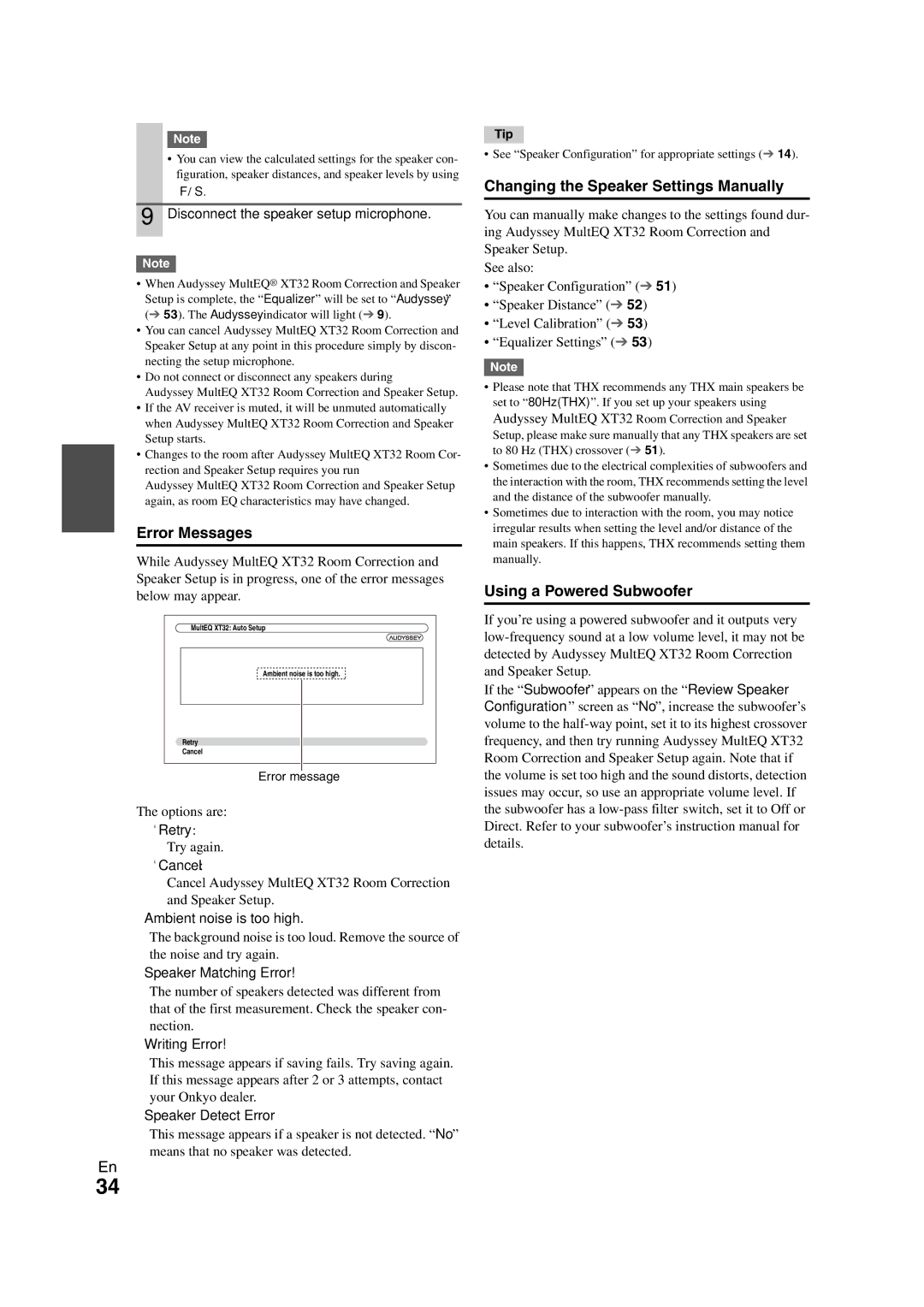 Onkyo TX-NR3008 instruction manual Error Messages, Changing the Speaker Settings Manually, Using a Powered Subwoofer 