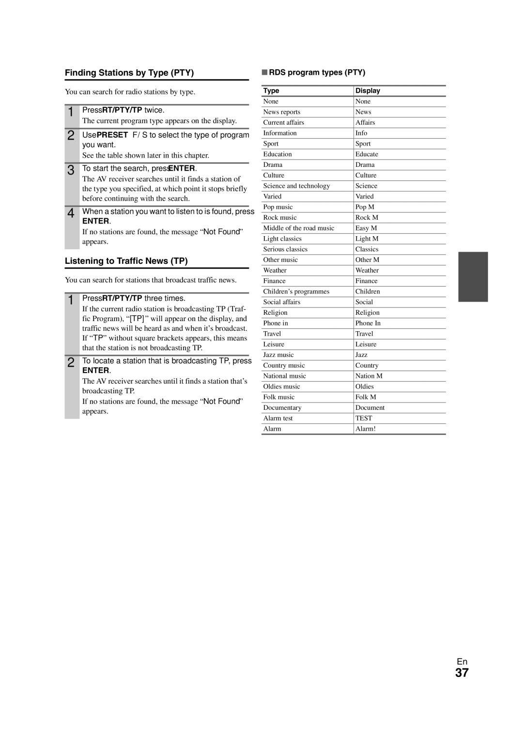 Onkyo TX-NR3008 instruction manual Finding Stations by Type PTY, Listening to Traffic News TP, RDS program types PTY 