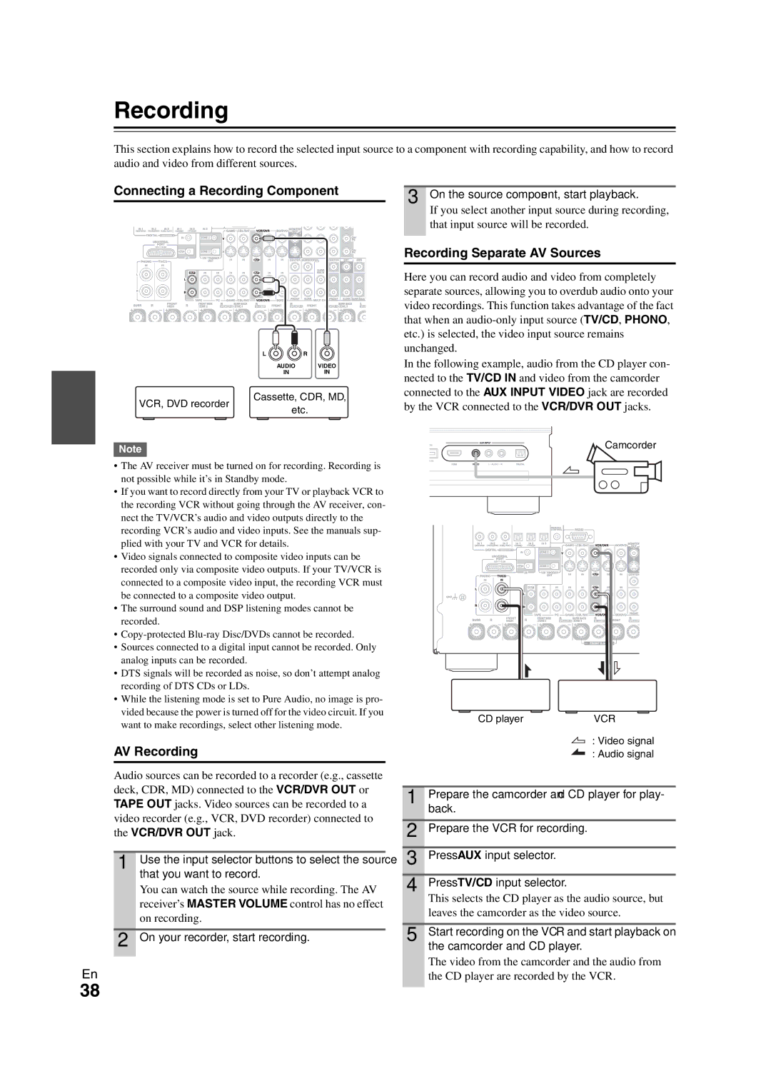 Onkyo TX-NR3008 Connecting a Recording Component, Recording Separate AV Sources, AV Recording, VCR/DVR OUT jack 