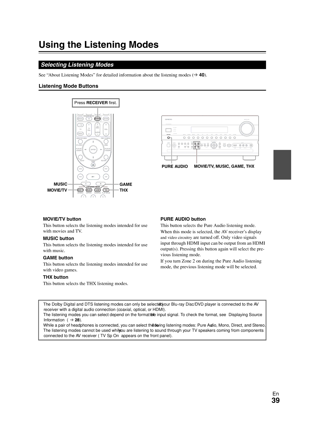 Onkyo TX-NR3008 instruction manual Using the Listening Modes, Selecting Listening Modes, Listening Mode Buttons 