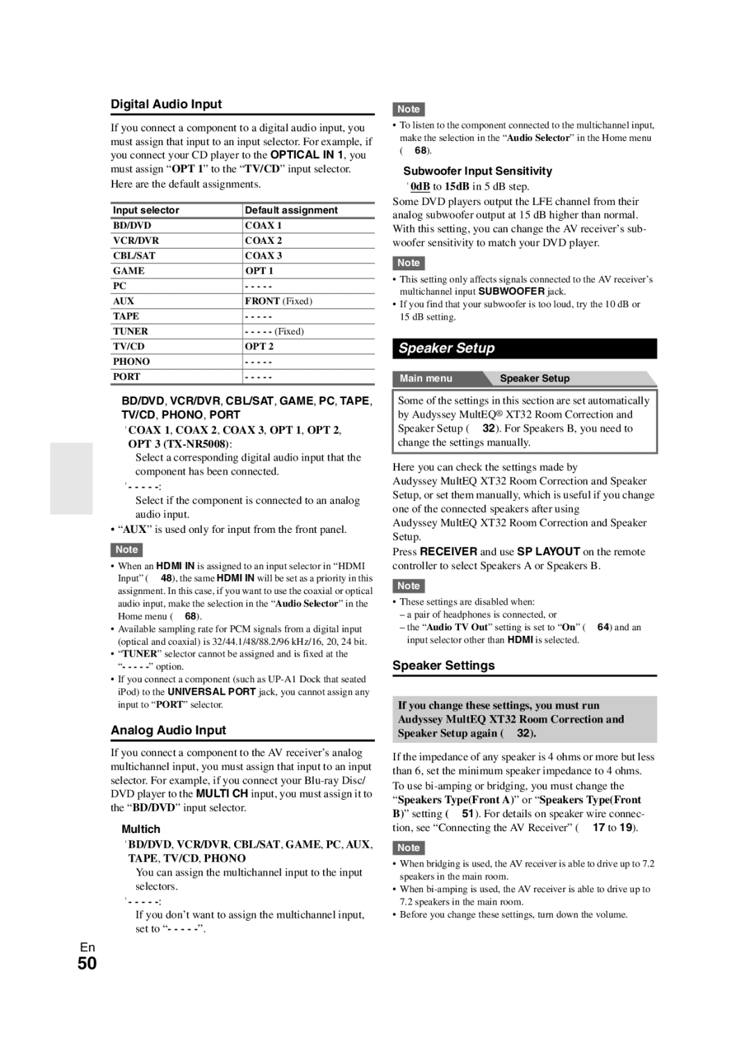 Onkyo TX-NR3008 instruction manual Speaker Setup, Digital Audio Input, Analog Audio Input, Speaker Settings 