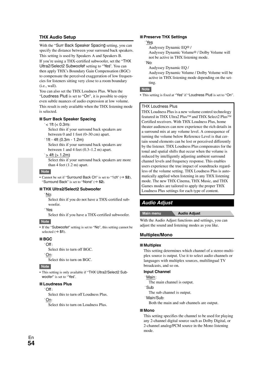 Onkyo TX-NR3008 instruction manual Audio Adjust, THX Audio Setup, Multiplex/Mono, Bgc 