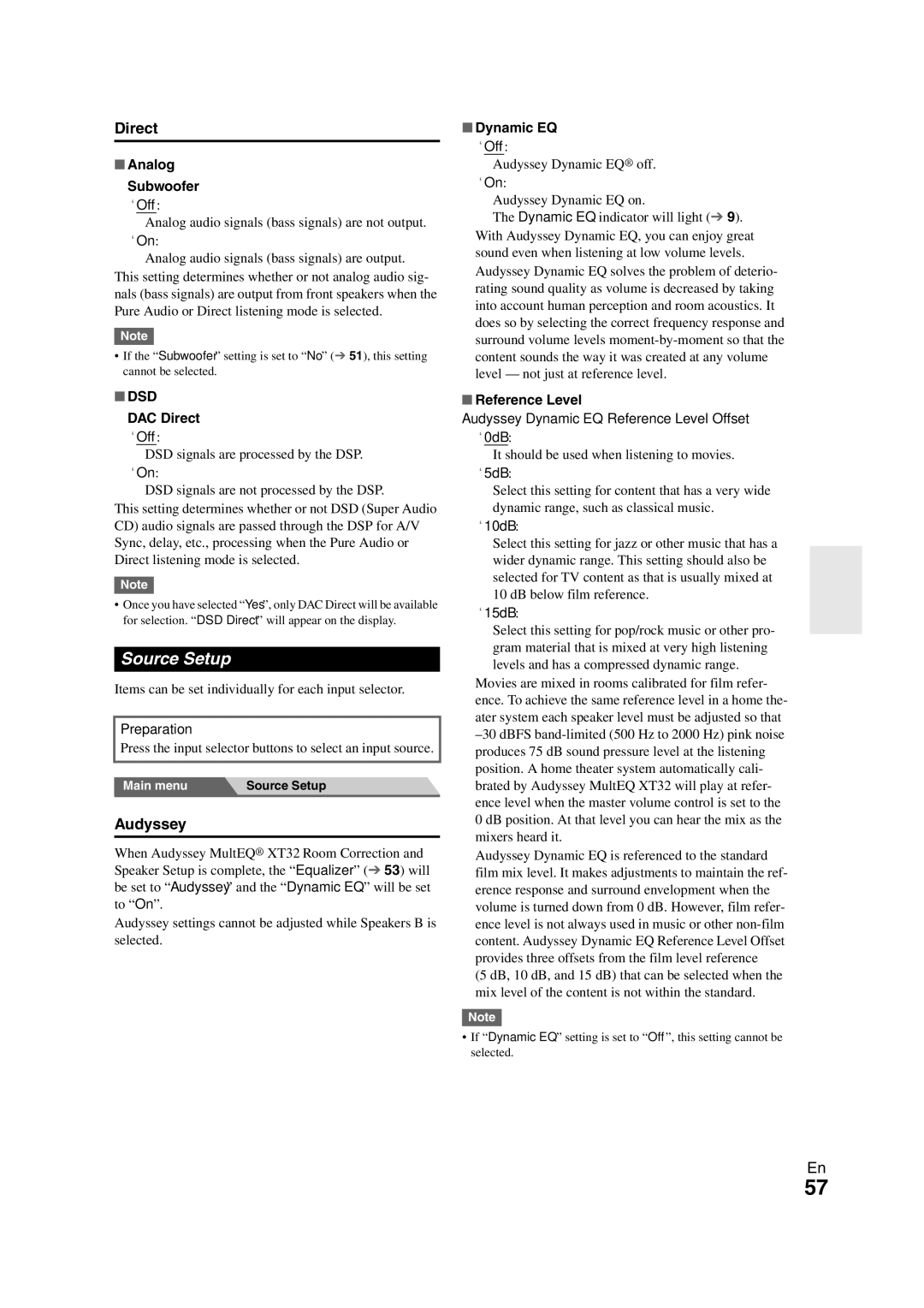 Onkyo TX-NR3008 instruction manual Source Setup, Direct, Audyssey, Dsd 