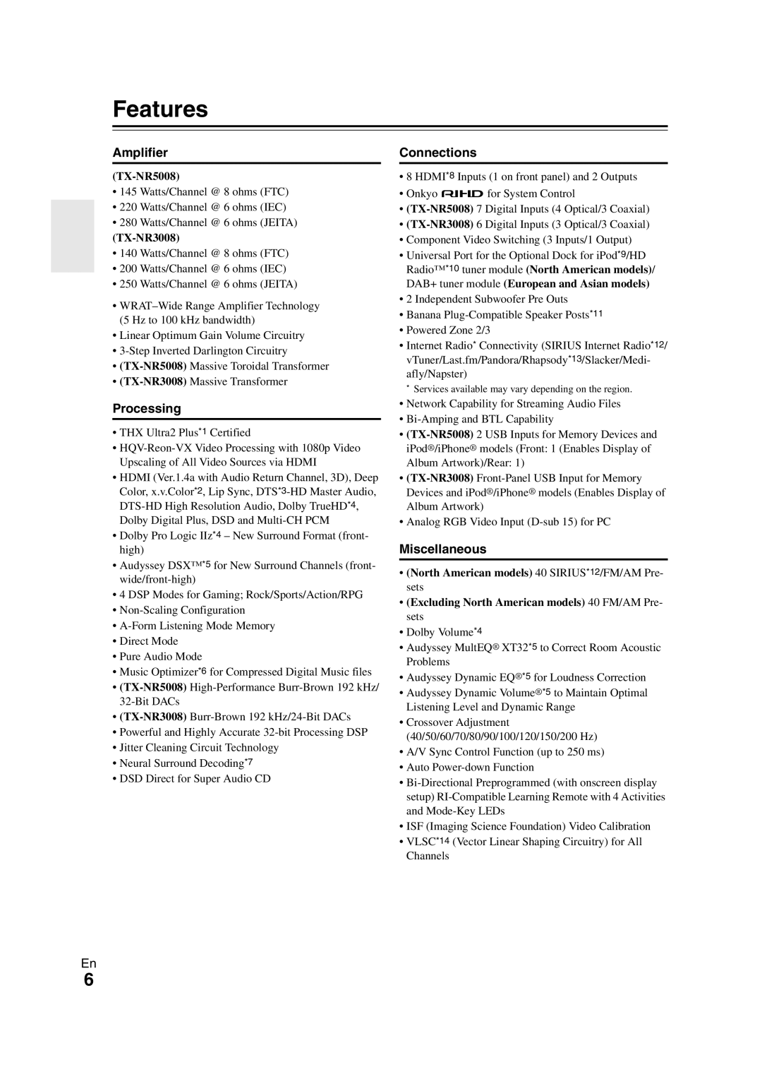 Onkyo TX-NR3008 instruction manual Features, Amplifier, Processing, Miscellaneous 