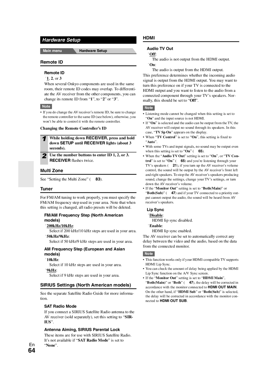 Onkyo TX-NR3008 instruction manual Hardware Setup, Remote ID, Multi Zone, Tuner, Sirius Settings North American models 