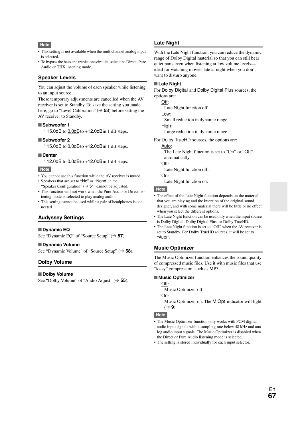 Onkyo TX-NR3008 instruction manual Speaker Levels, Audyssey Settings, Dolby Volume, Late Night, Music Optimizer 