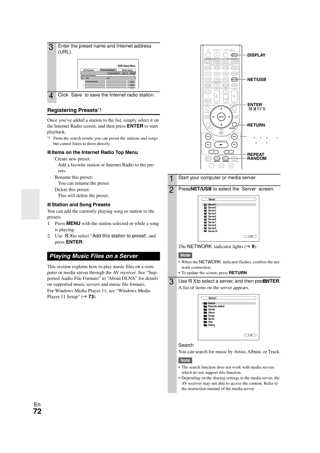 Onkyo TX-NR3008 Playing Music Files on a Server, Registering Presets*1, Items on the Internet Radio Top Menu 