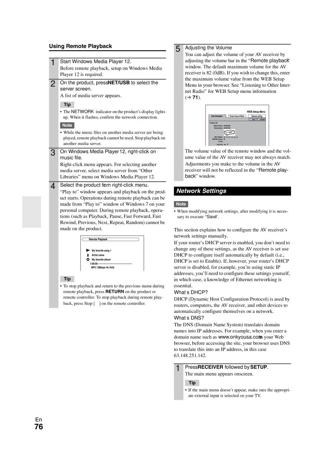 Onkyo TX-NR3008 instruction manual Network Settings, Using Remote Playback 