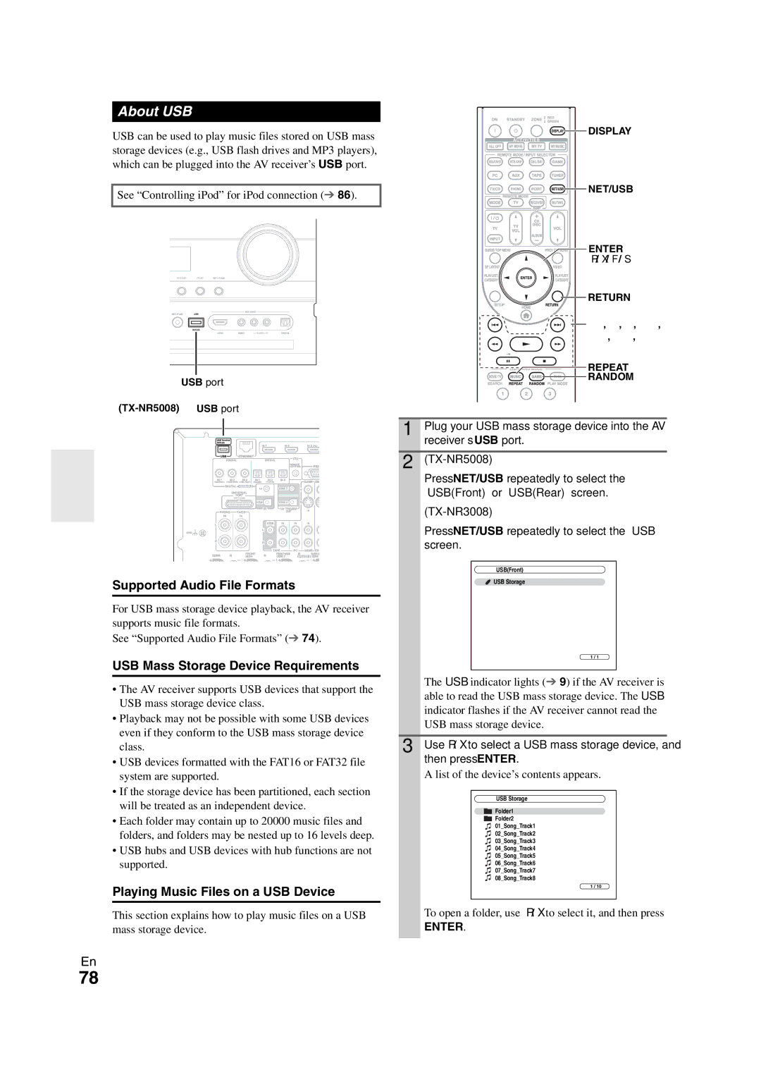 Onkyo TX-NR3008 instruction manual About USB, USB Mass Storage Device Requirements, Playing Music Files on a USB Device 