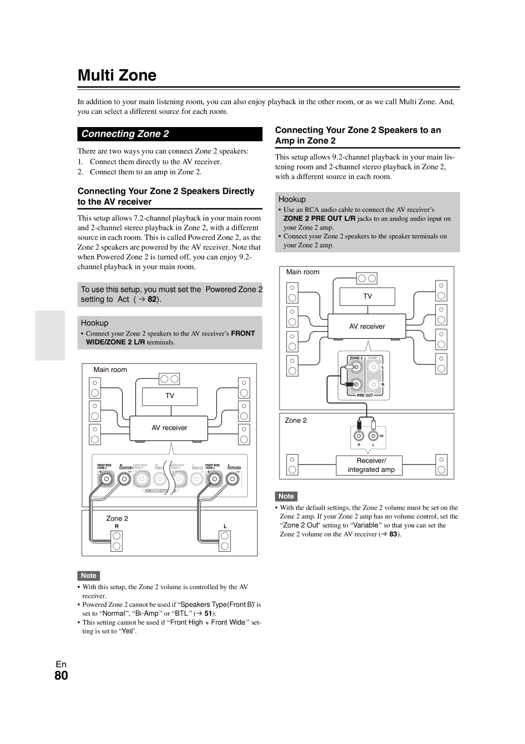 Onkyo TX-NR3008 instruction manual Multi Zone, Connecting Zone, Connecting Your Zone 2 Speakers Directly to the AV receiver 