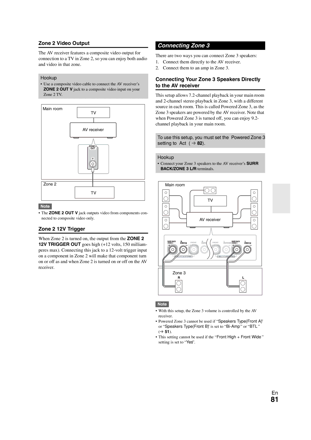 Onkyo TX-NR3008 Zone 2 Video Output, Connecting Your Zone 3 Speakers Directly to the AV receiver, Zone 2 12V Trigger 