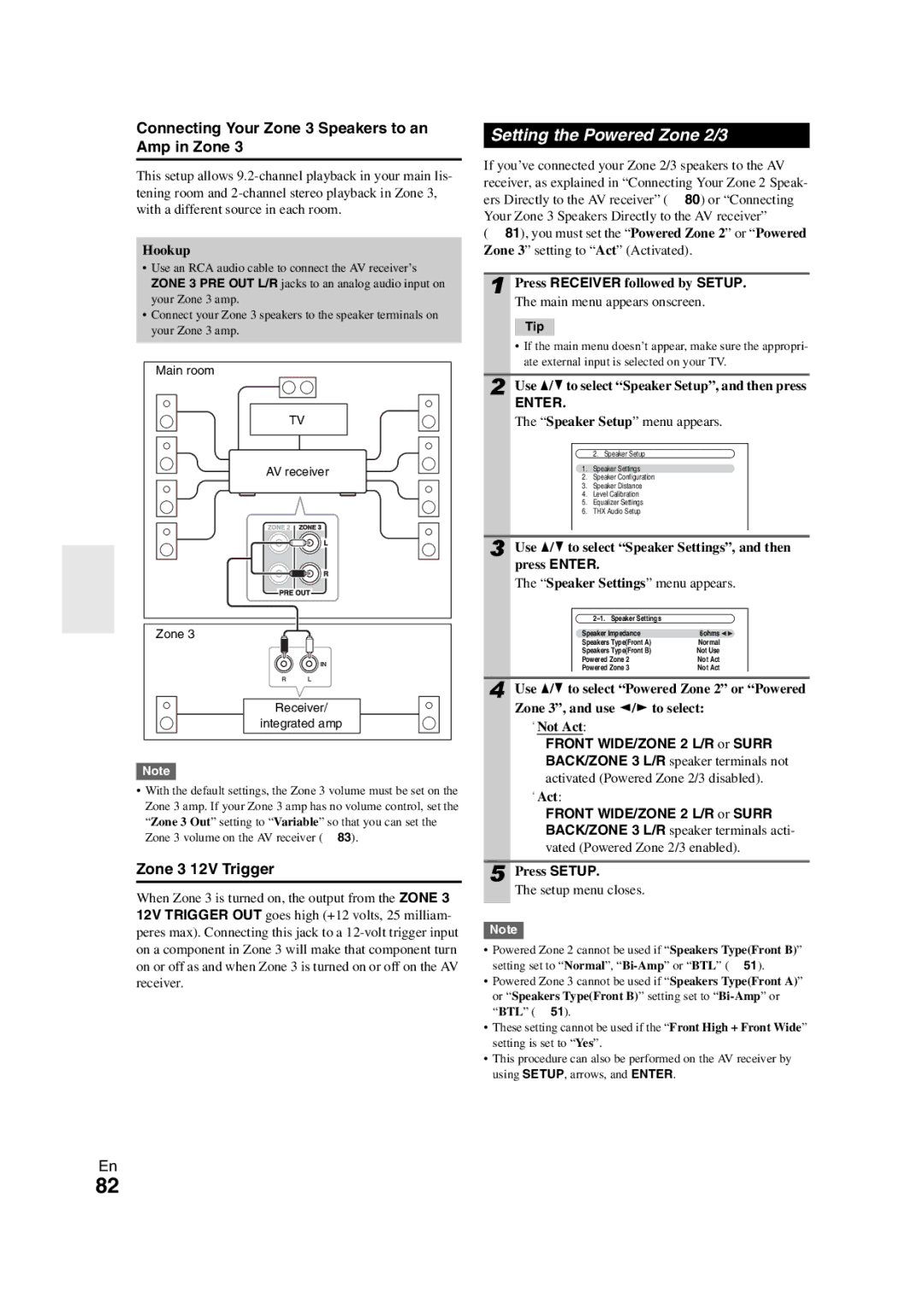 Onkyo TX-NR3008 Setting the Powered Zone 2/3, Connecting Your Zone 3 Speakers to an Amp in Zone, Zone 3 12V Trigger 