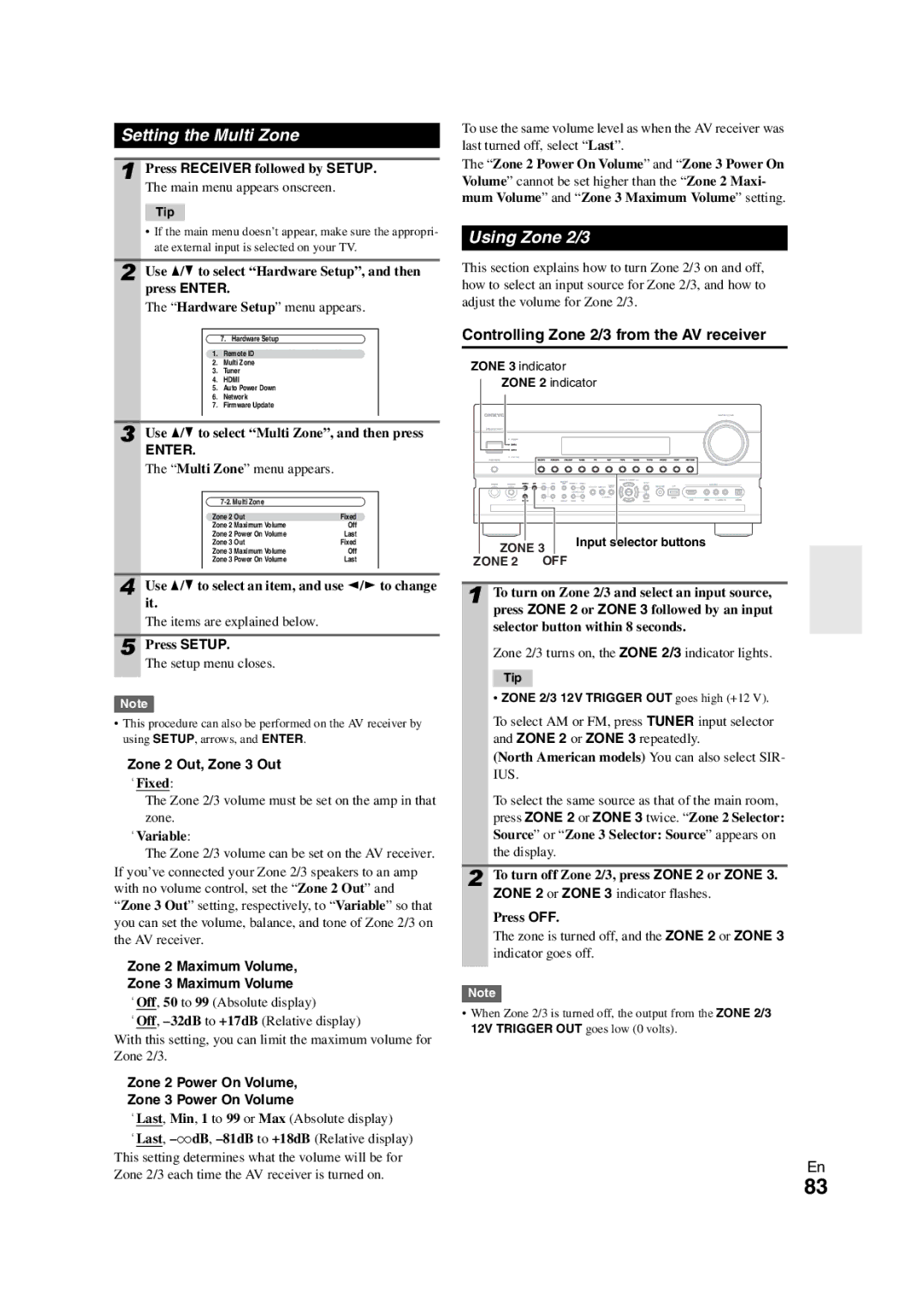 Onkyo TX-NR3008 instruction manual Setting the Multi Zone, Using Zone 2/3, Controlling Zone 2/3 from the AV receiver 