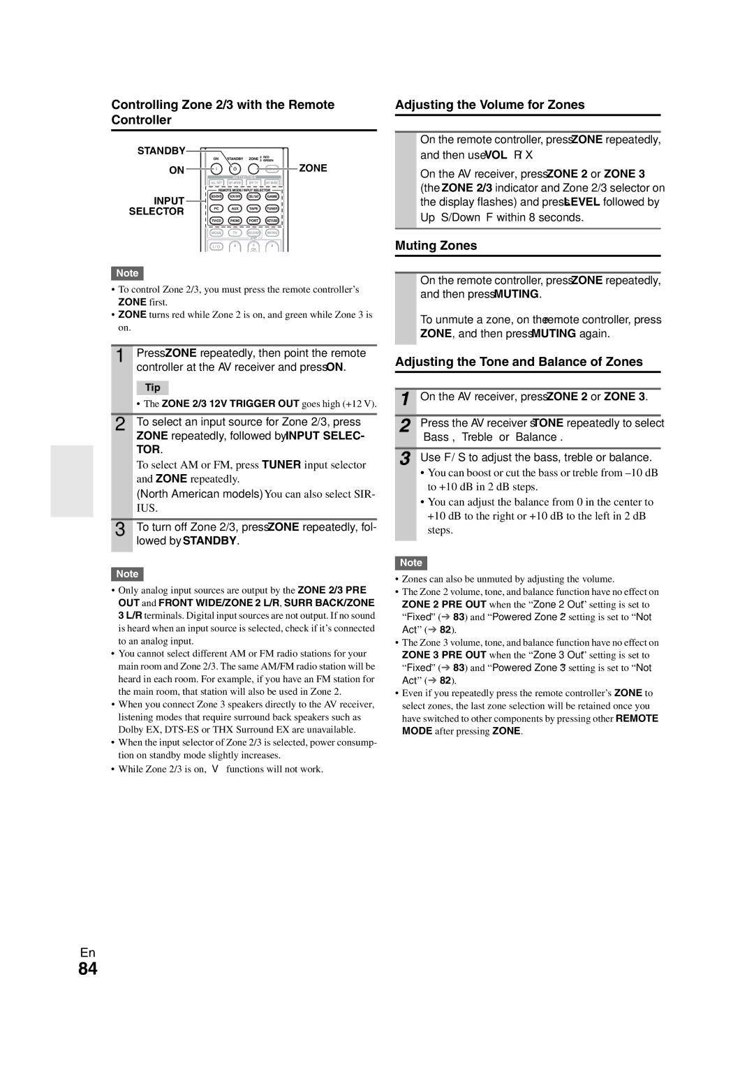 Onkyo TX-NR3008 Controlling Zone 2/3 with the Remote Controller, Adjusting the Volume for Zones, Muting Zones, Tor 