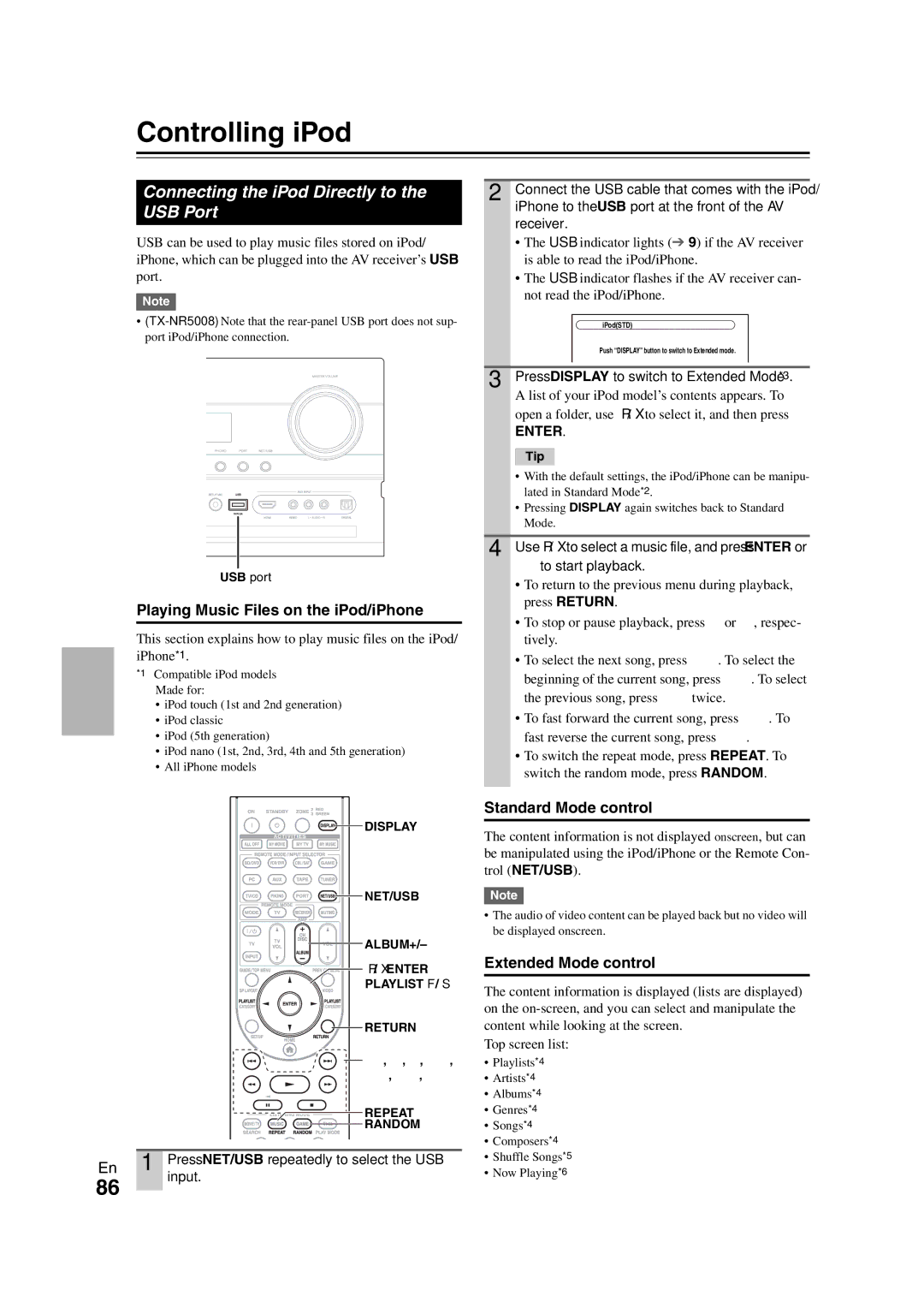 Onkyo TX-NR3008 Controlling iPod, Connecting the iPod Directly to the USB Port, Playing Music Files on the iPod/iPhone 