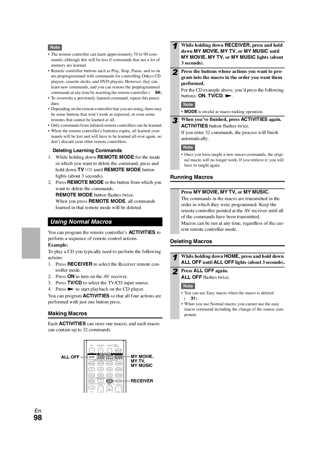 Onkyo TX-NR3008 Using Normal Macros, Making Macros, Running Macros, Deleting Macros, Deleting Learning Commands 