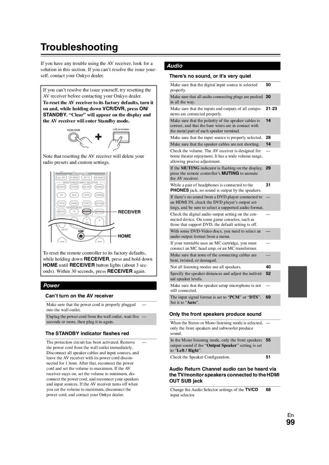 Onkyo TX-NR3008 instruction manual Troubleshooting, There’s no sound, or it’s very quiet, Can’t turn on the AV receiver 