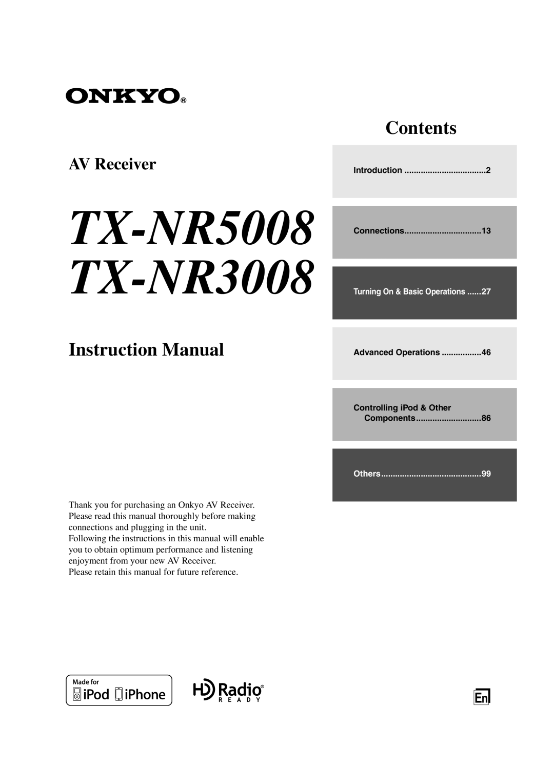 Onkyo instruction manual TX-NR5008 TX-NR3008, Instruction Manual, Contents, AV Receiver 
