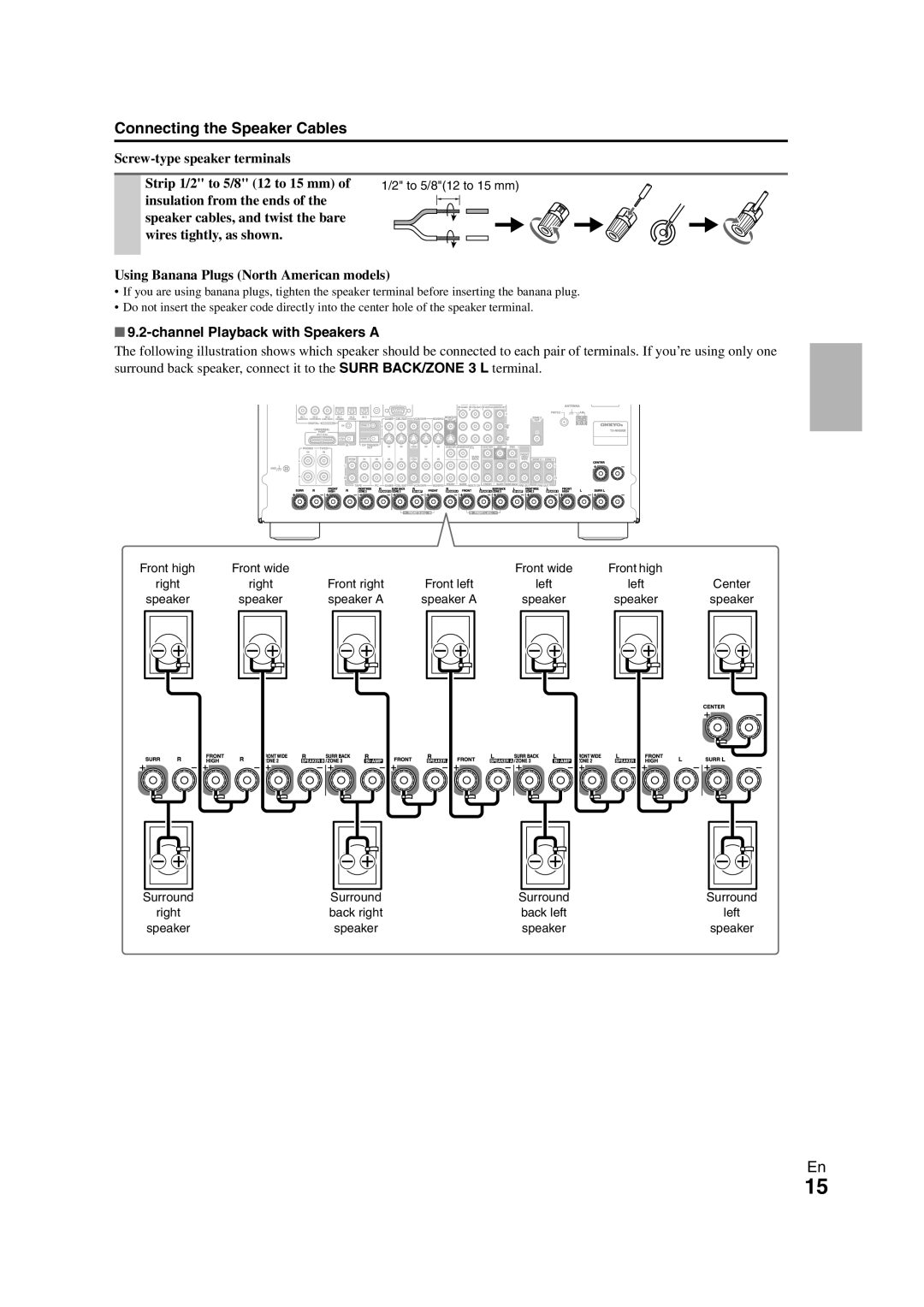 Onkyo TX-NR3008 instruction manual Connecting the Speaker Cables, channelPlayback with Speakers A 
