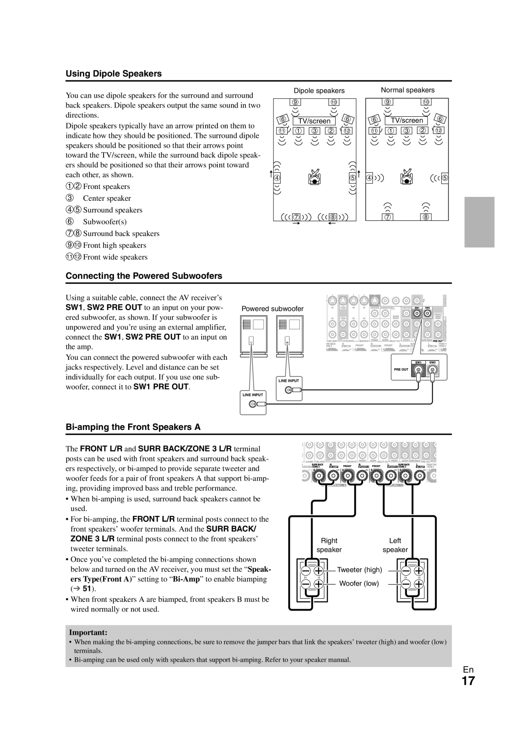 Onkyo TX-NR3008 instruction manual Using Dipole Speakers, Connecting the Powered Subwoofers, Bi-ampingthe Front Speakers A 