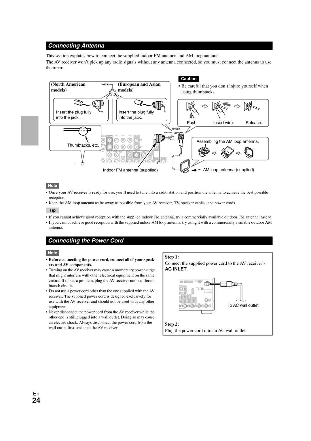 Onkyo TX-NR3008 instruction manual Connecting Antenna, Connecting the Power Cord, Ac Inlet 