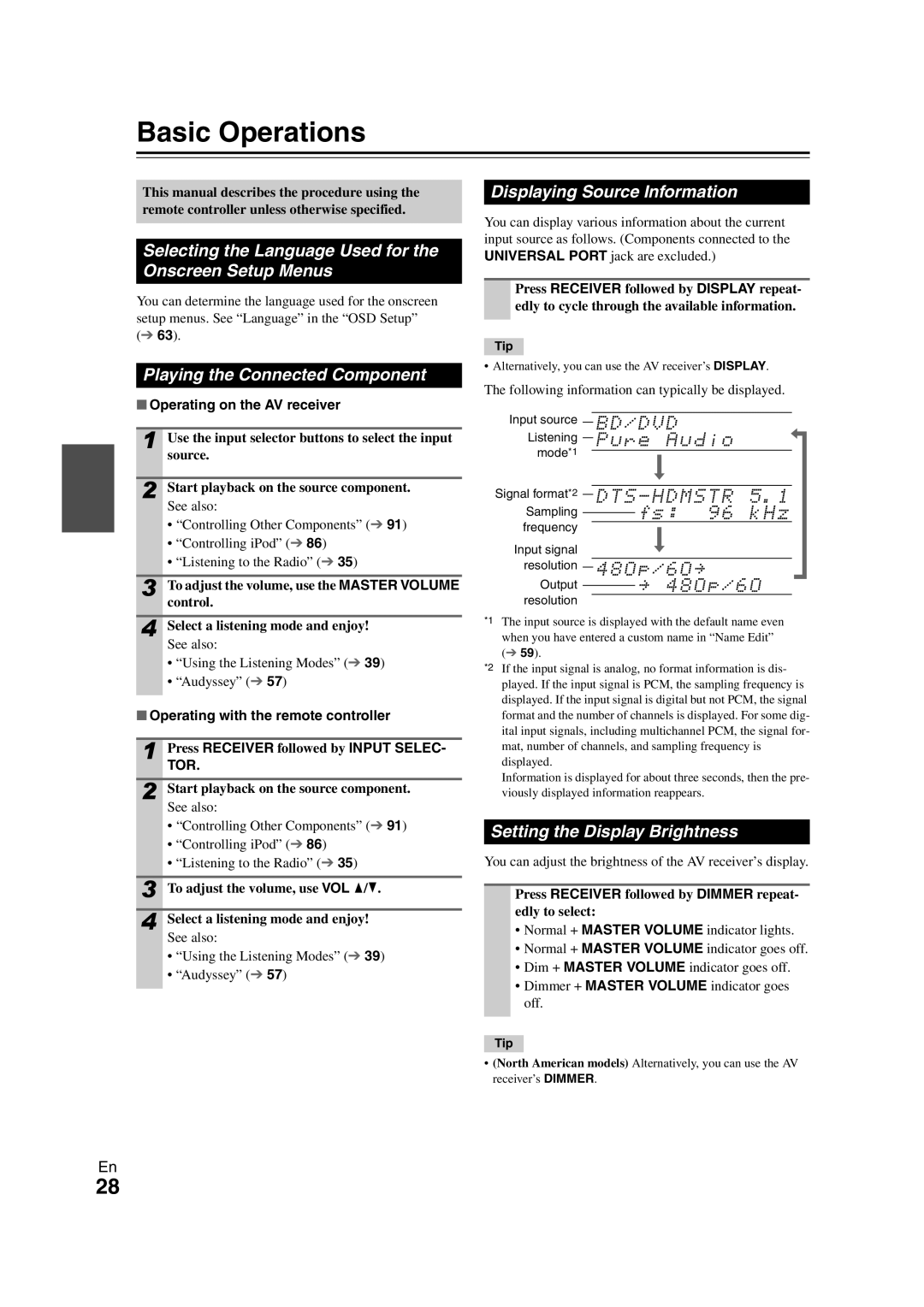 Onkyo TX-NR3008 instruction manual Basic Operations, Playing the Connected Component, Displaying Source Information 