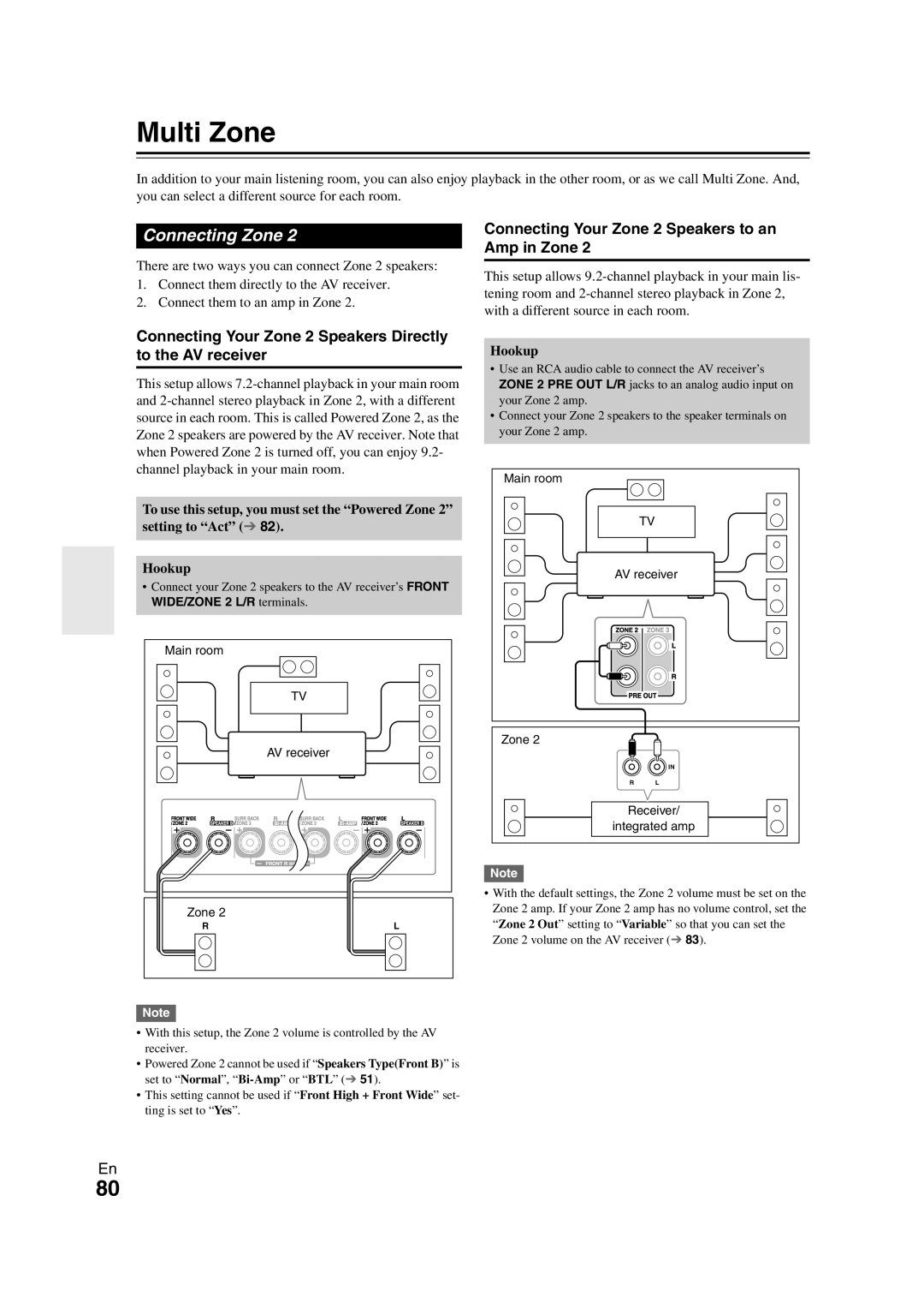 Onkyo TX-NR3008 instruction manual Multi Zone, Connecting Zone, Connecting Your Zone 2 Speakers to an Amp in Zone 