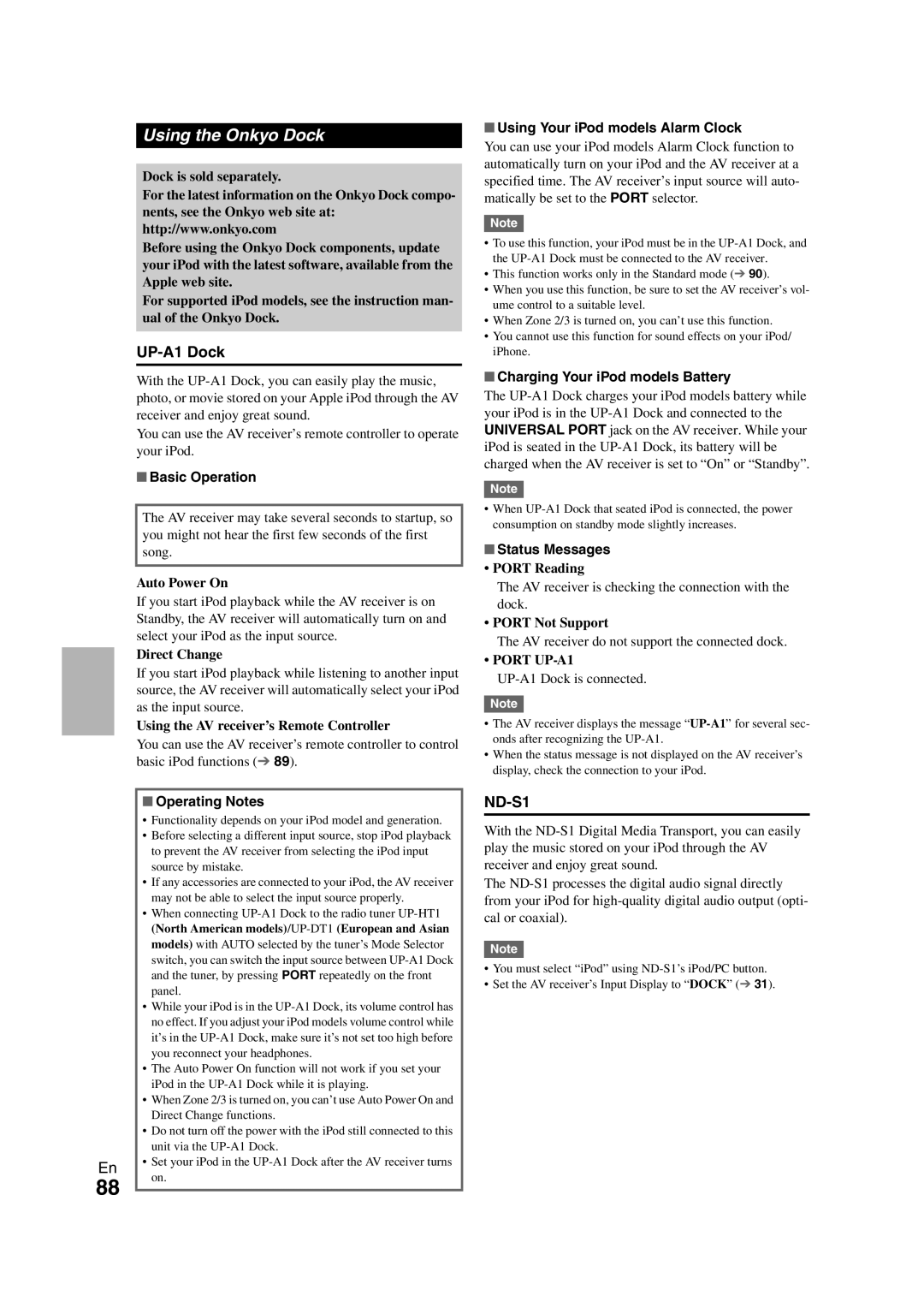 Onkyo TX-NR3008 Using the Onkyo Dock, UP-A1Dock, ND-S1, Basic Operation, Operating Notes, Status Messages 