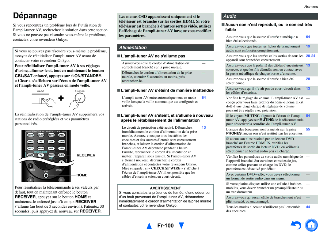 Onkyo TX-NR3010, TX-NR5010 manual Dépannage, Fr-100, Alimentation, Audio 