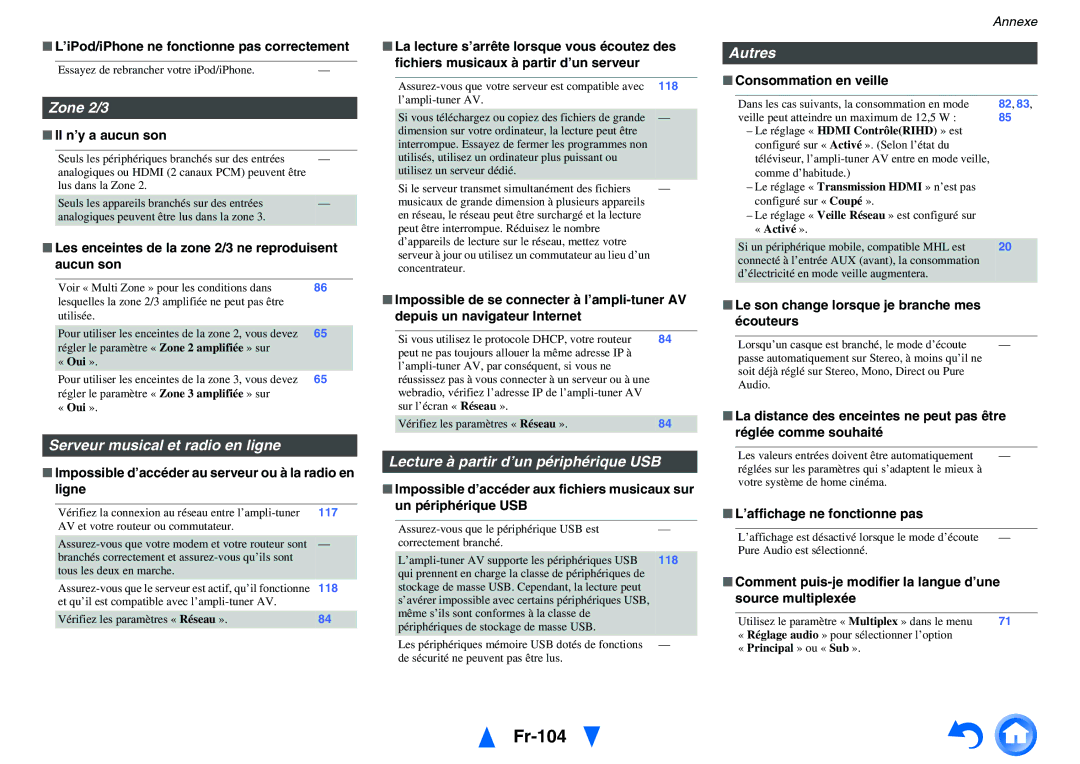 Onkyo TX-NR3010 manual Fr-104, Zone 2/3, Serveur musical et radio en ligne, Lecture à partir d’un périphérique USB, Autres 