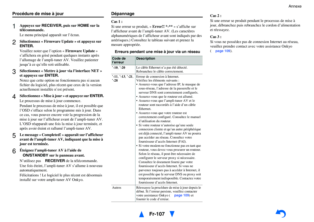 Onkyo TX-NR5010, TX-NR3010 manual Fr-107, Procédure de mise à jour, Dépannage, Erreurs pendant une mise à jour via un réseau 